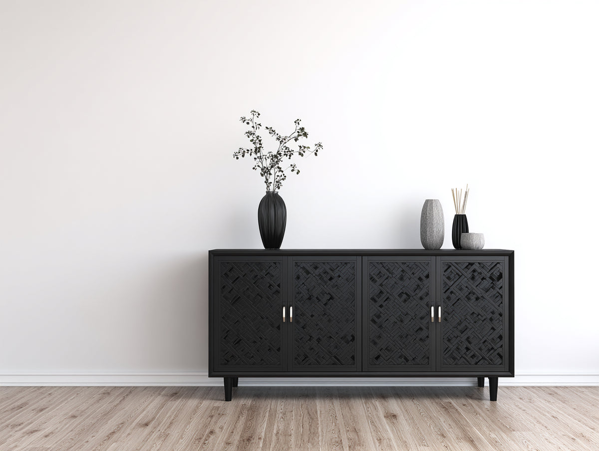 Dielenschrank aus Holz 160 x 40 x 80 cm - Schwarz - 4 Türen mit Flechtoptik