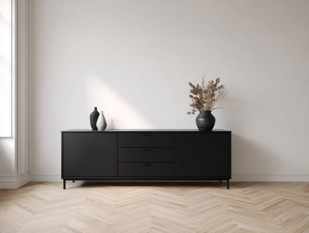 Dielenschrank mit 2 Türen und 3 Schubladen 170x42x78 cm - Schwarz - moderner niedriger Aufbewahrungsschrank
