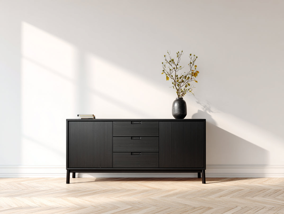 Dielenschrank mit 2 Türen und 3 Schubladen 160x42x78 cm - Schwarz - modernes geriffeltes Design