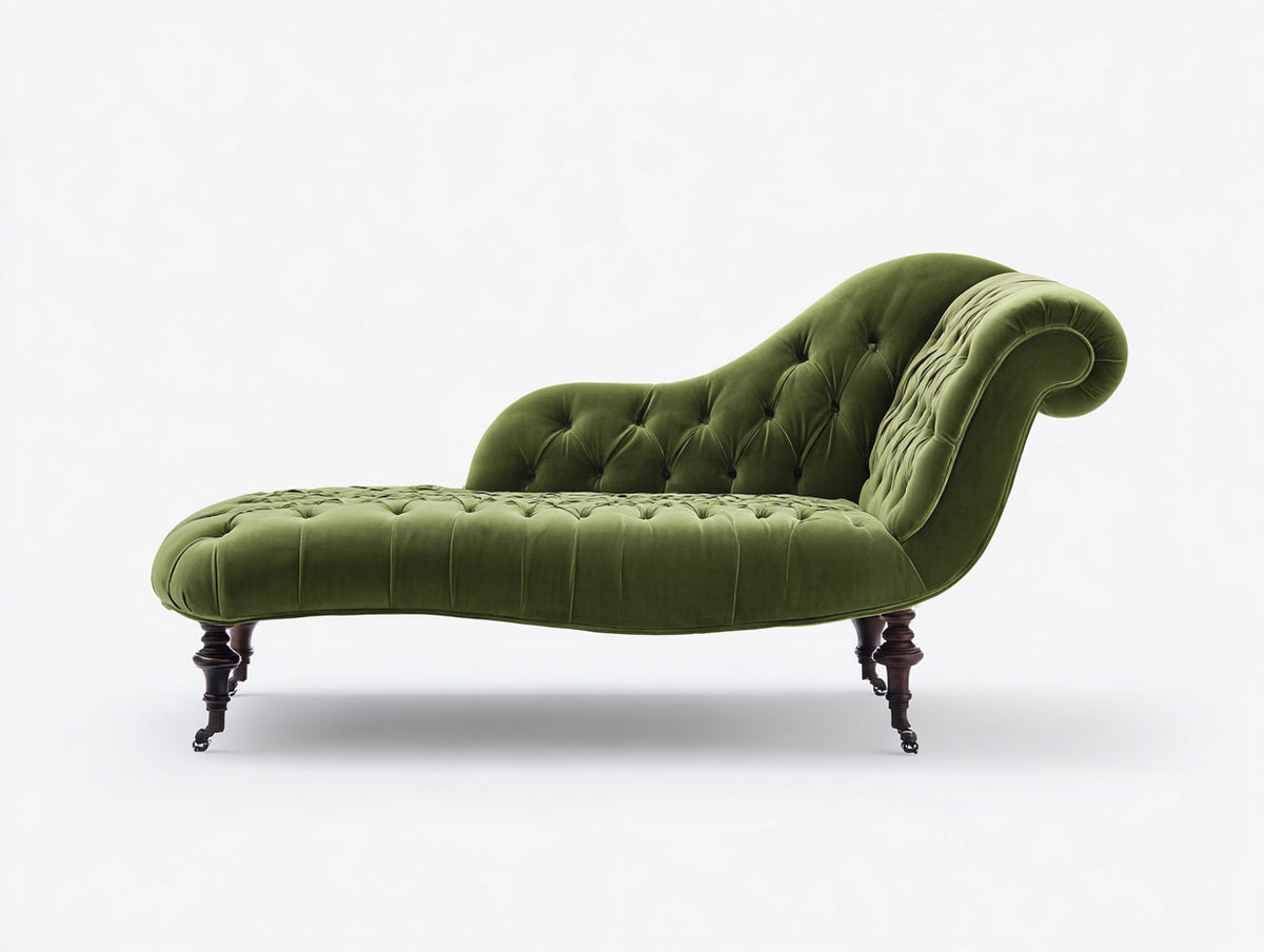 Chaiselongue Samtoptik 175x75x95 cm - Olivgrün - klassisches Design mit Knopfheftung und geschwungener Rückenlehne