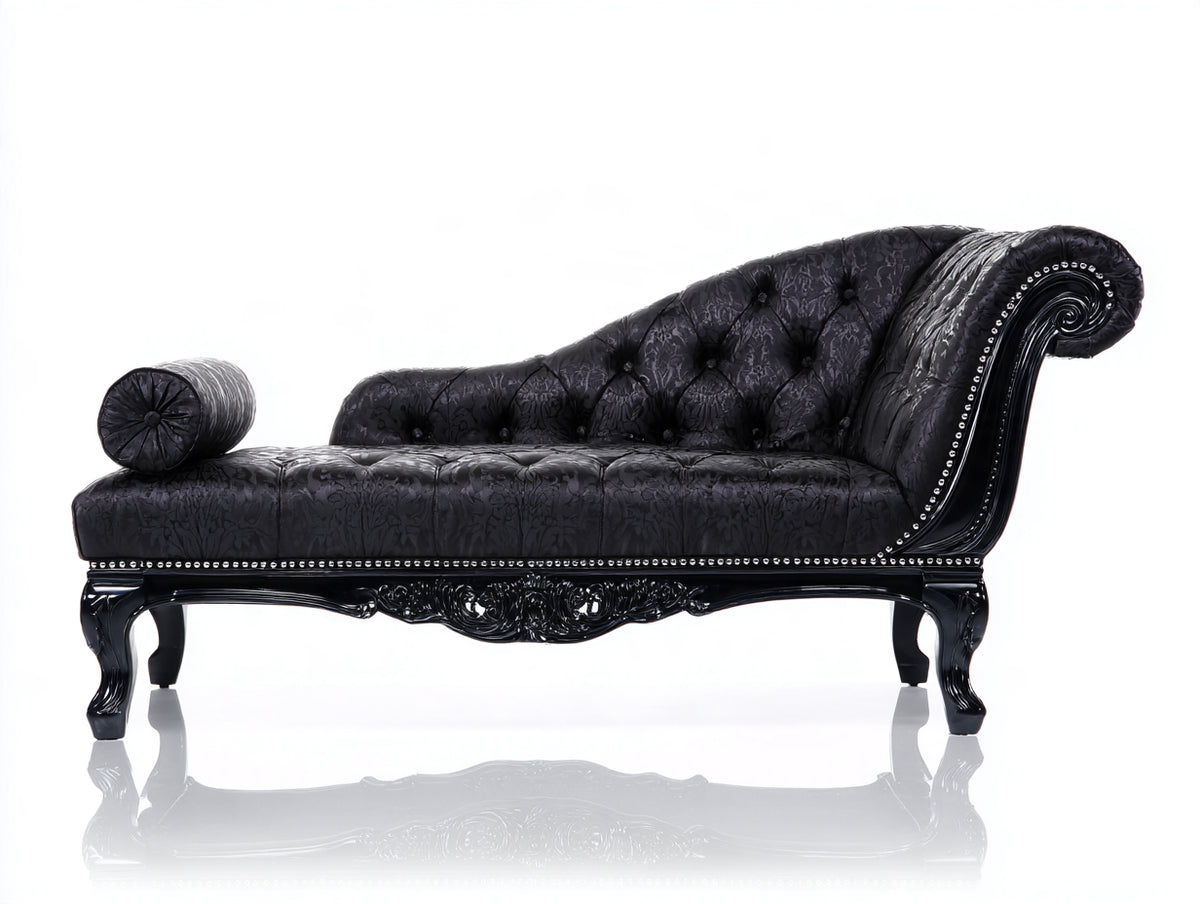 Chaiselongue mit Jacquardbezug 185x78x100 cm - Schwarz - Barockes Design mit Knopfheftung und Ziernieten