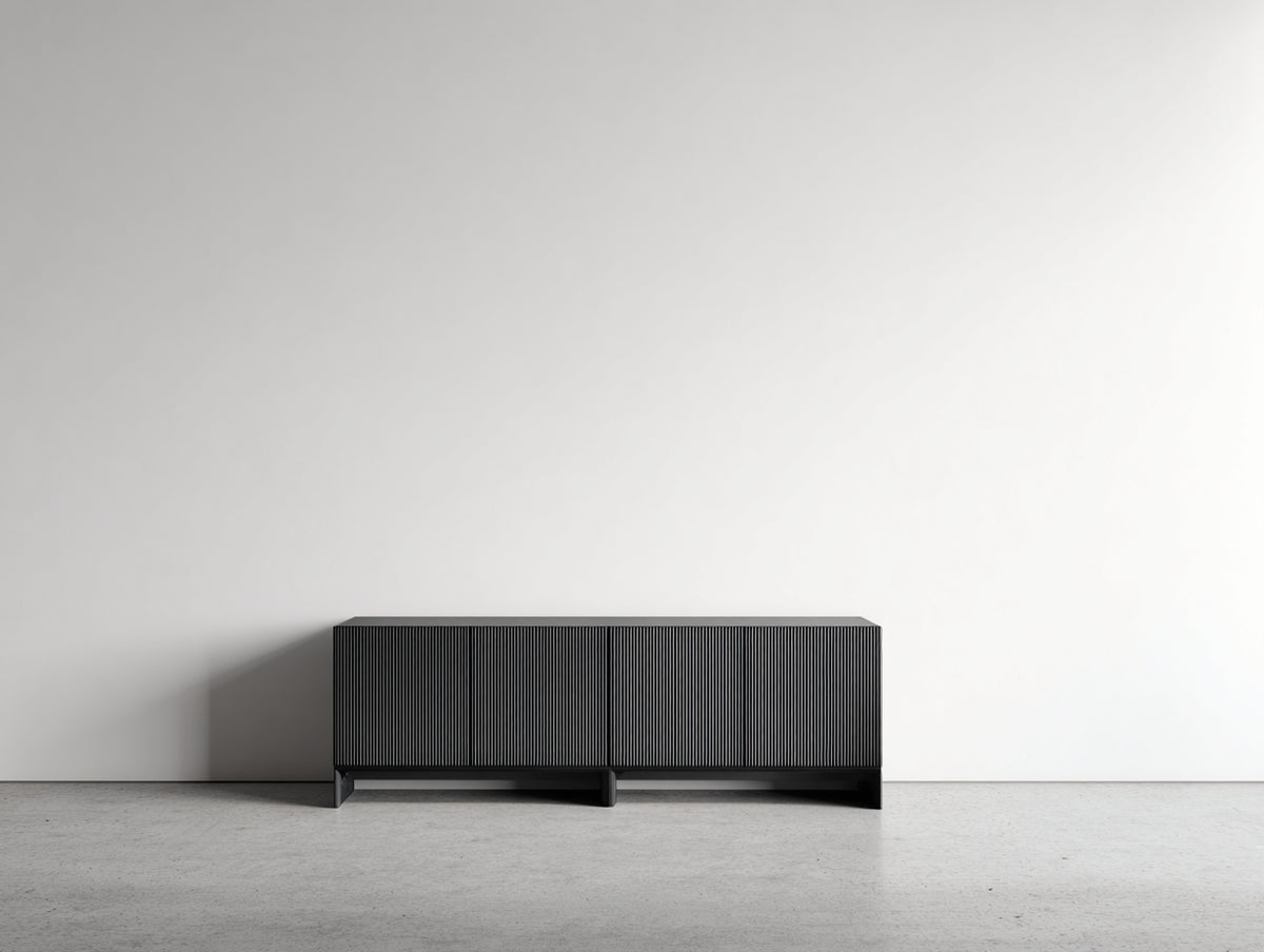 Dielenschrank mit 4 Türen und geriffelter Front 150x40x62 cm - Schwarz - modernes minimalistisches Design