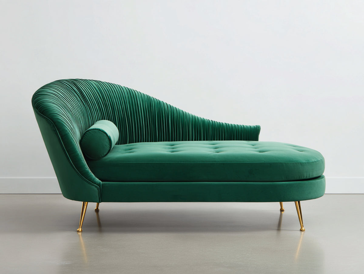 Chaiselongue aus Samt 190x82x90 cm - Smaragdgrün - Modernes Design mit Plisseerücken und goldfarbenen Metallfüßen
