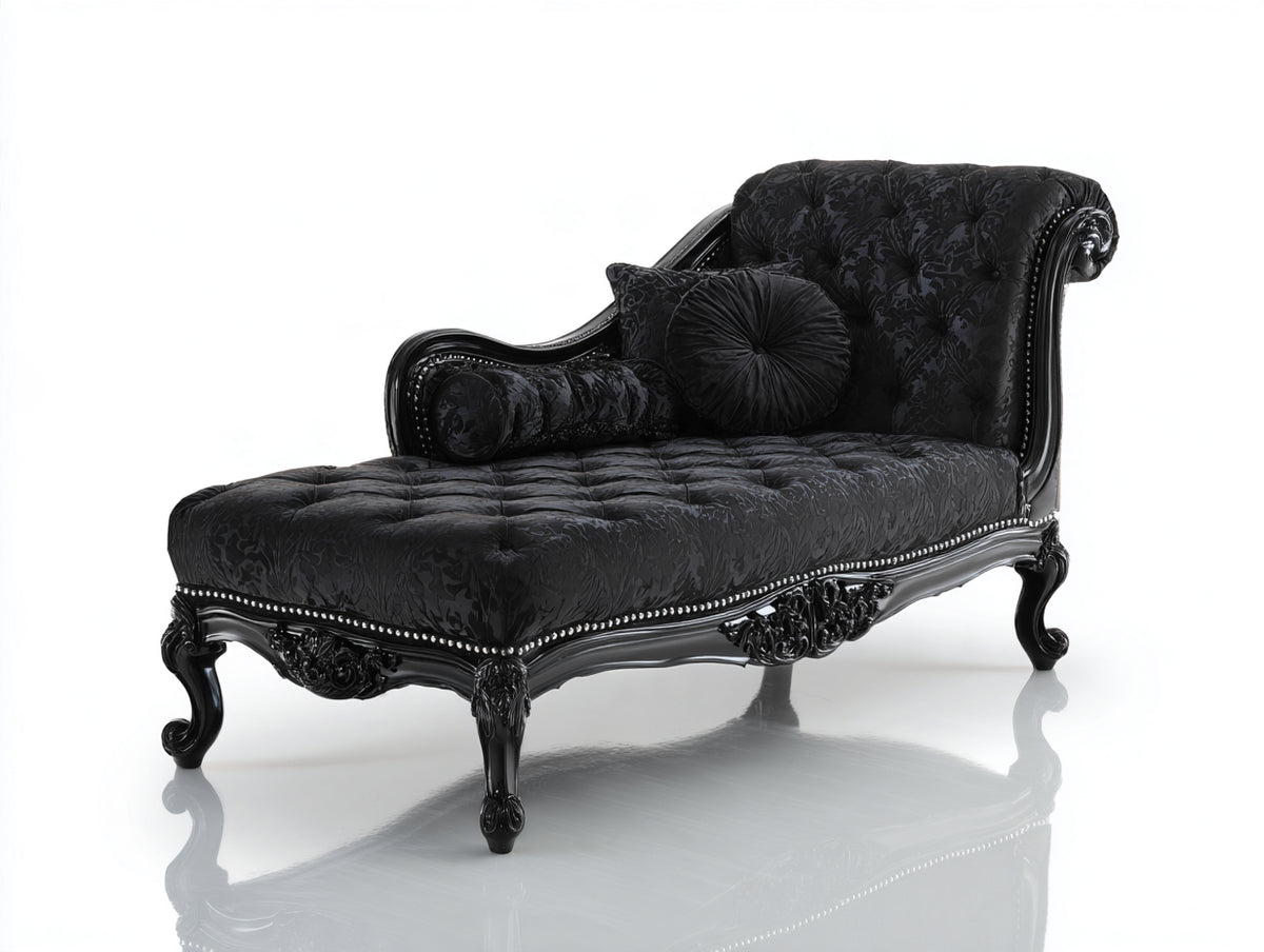 Chaiselongue Stoffbezug 168x80x98 cm - Schwarz - klassisches Design mit Knopfheftung und geschwungenem Zierrahmen