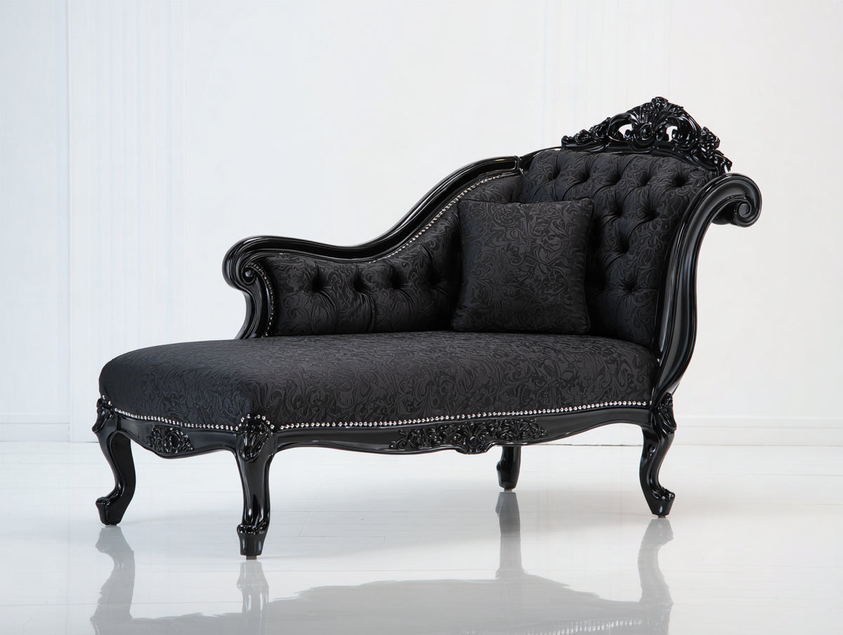 Chaiselongue Stoffbezug 170x78x100 cm - Schwarz - klassisches Design mit Knopfheftung und geschwungenem Zierrahmen