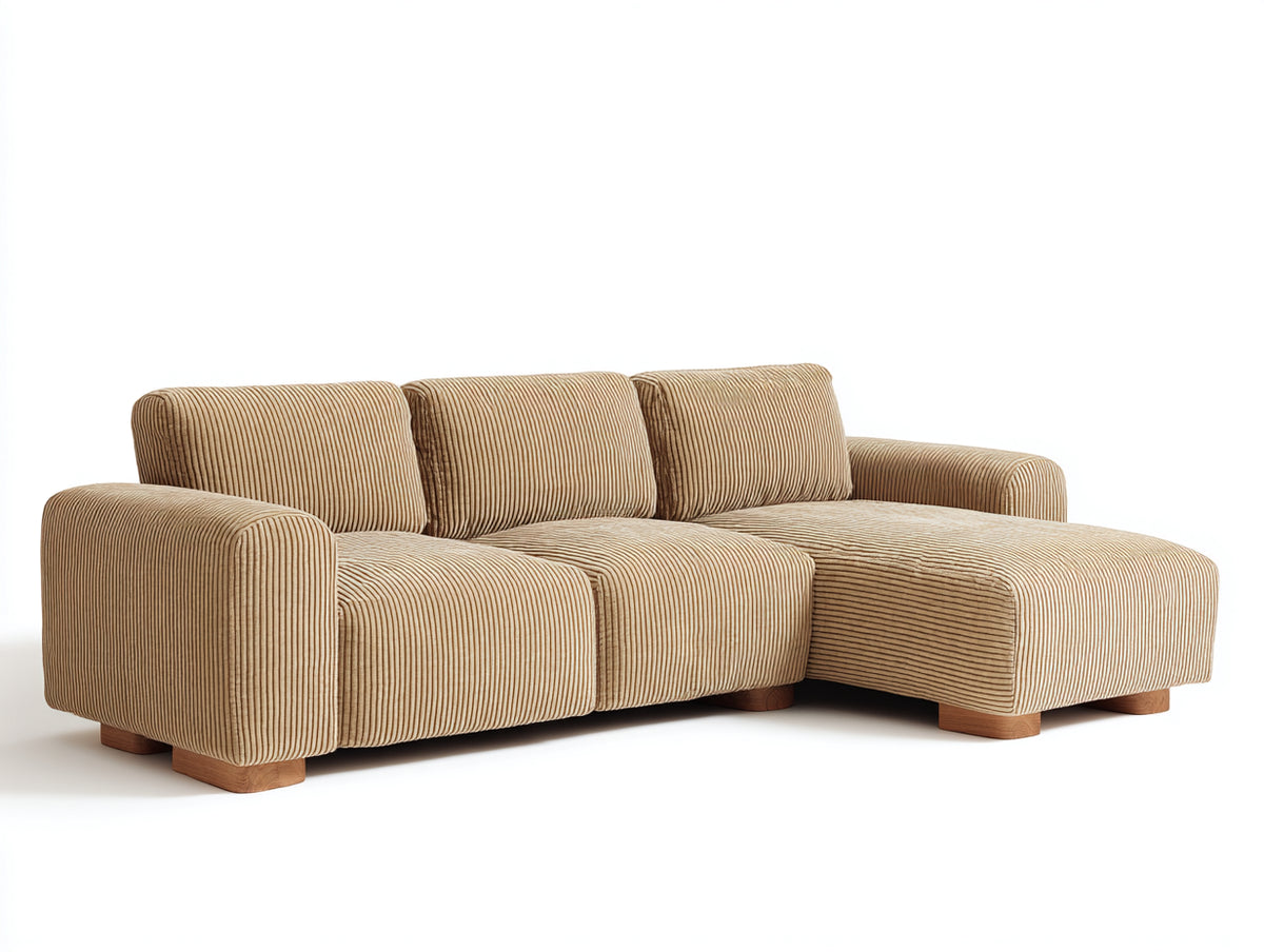 Ecksofa aus Cordstoff 280x170x85 cm - Hellbraun - Modernes Design mit breiter Recamiere und Holzfüßen