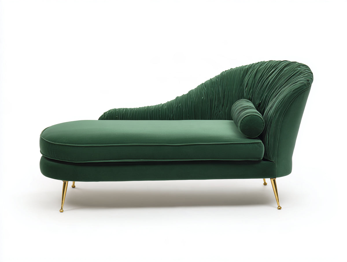 Chaiselongue mit Samtbezug und plissierter Rückenlehne 178x80x90 cm - Dunkelgrün-Gold - modernes geschwungenes Design