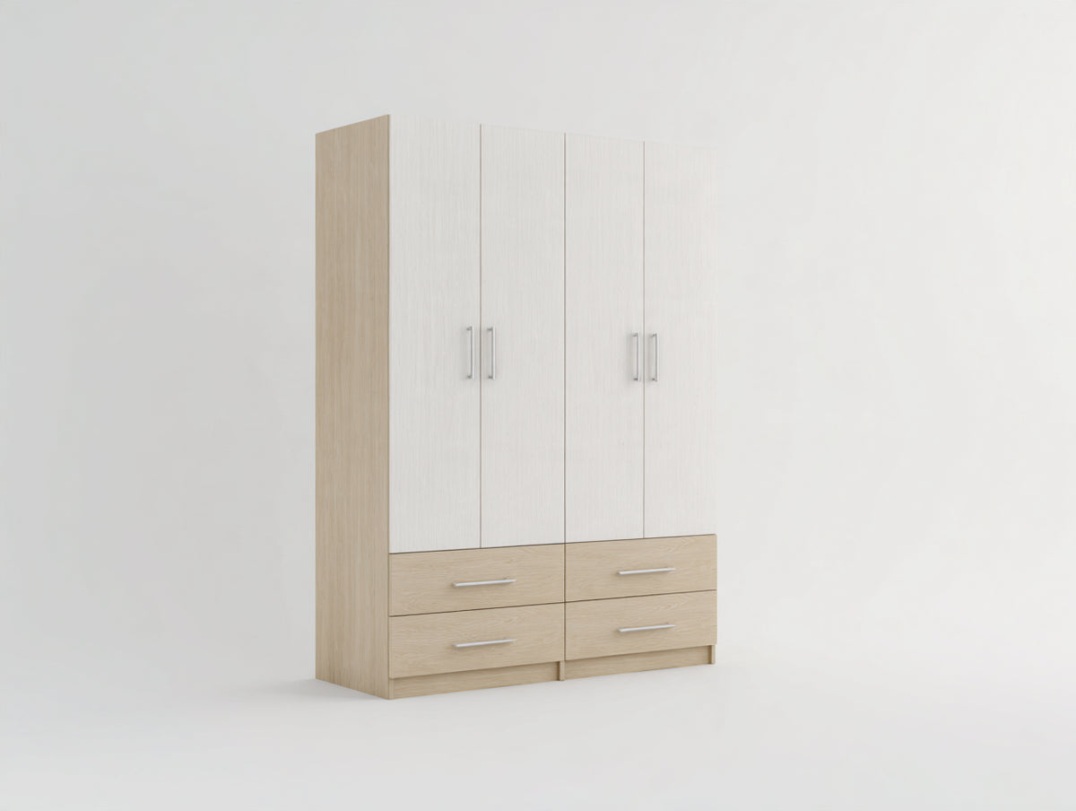 Kleiderschrank mit 4 Türen und 4 Schubladen 180x60x220 cm - Weiß-Naturholz - Modernes Design mit großzügigem Stauraum