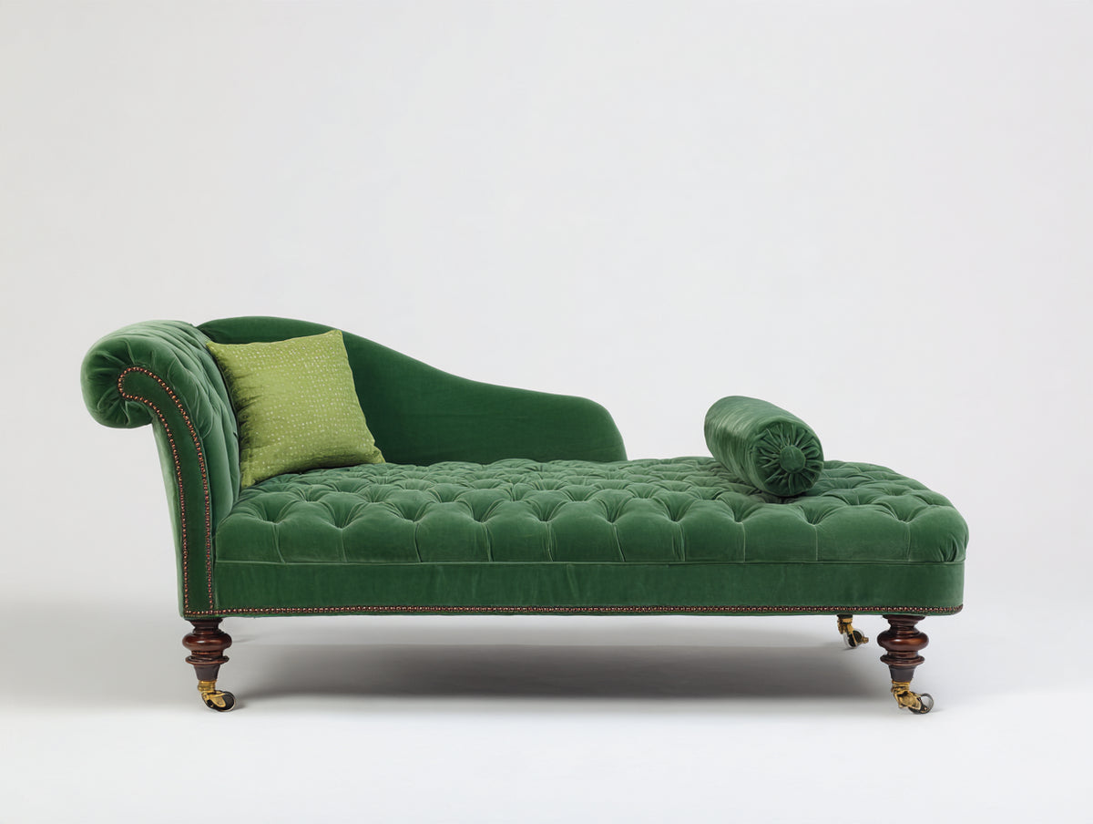 Chaiselongue 200x85x90 cm - Grün - mit Knopfheftung und Nackenrolle