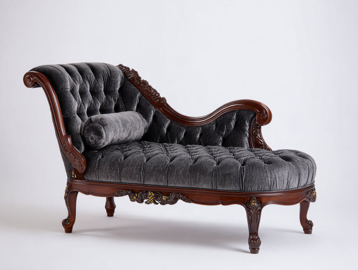 Chaiselongue mit Samtbezug und Knopfheftung 175x75x95 cm - Dunkelgrau-Dunkelbraun - klassisches Design mit Holzverzierungen